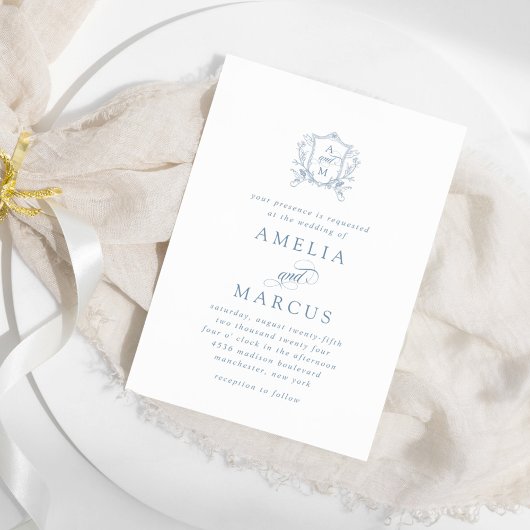 Dusty Blue Vintage Crest Wedding Kaart