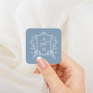 Dusty Blue Vintage Crest Wedding Vierkante Sticker