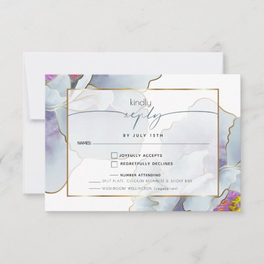 Dusty Blue Violet Exotic Floral Meal Choice RSVP Kaartje (Voorkant)