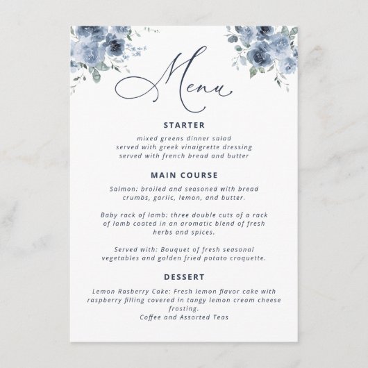 Dusty Blue Vrijgezellenfeest Menu (Voorkant)