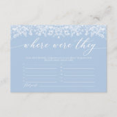 Dusty Blue waar waren ze Vrijgezellenfeest spel Informatiekaartje (Voorkant)