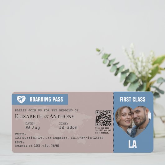 Dusty Blue & Warm Taupe Boarding Pass Wedding Kaart (Staand voorkant)