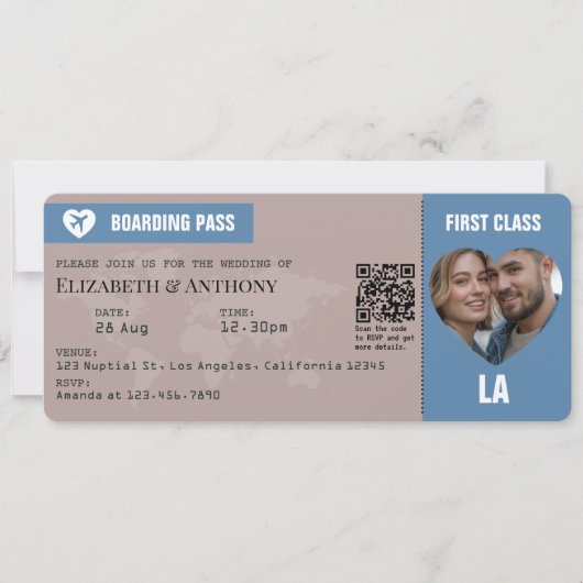 Dusty Blue & Warm Taupe Boarding Pass Wedding Kaart (Voorkant)