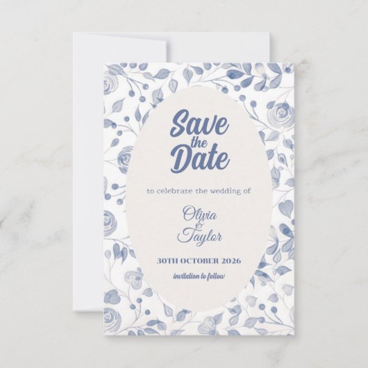 Dusty Blue Watercolor Flora Save The Date Card (Voorkant)