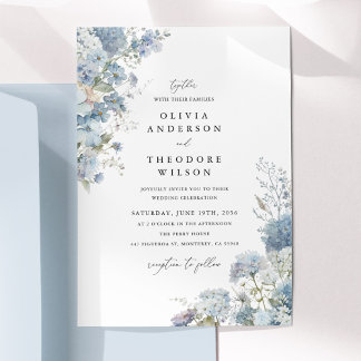 Dusty Blue Watercolor Floral Elegant Wedding Kaart