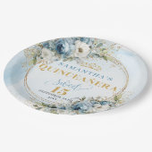 Dusty Blue Watercolor Floral Gold Frame Quinceañer Papieren Bordje (Gekanteld)