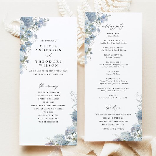 Dusty Blue Watercolor Floral Wedding Ceremony Programmakaart