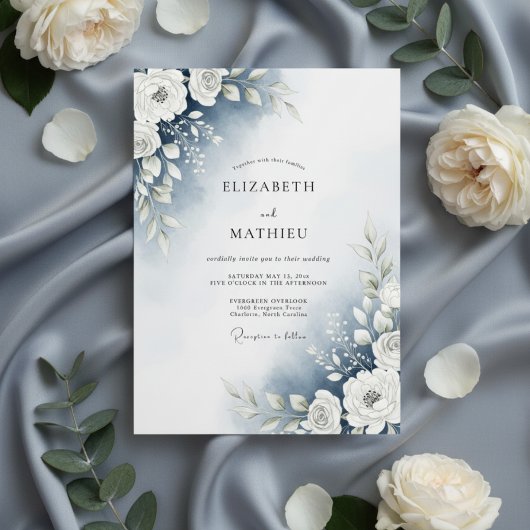 Dusty Blue Watercolor Floral Wedding Kaart