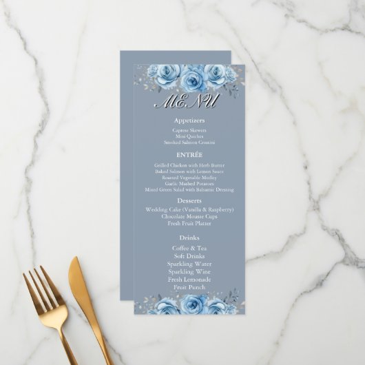 Dusty Blue Watercolor Floral Wedding Reception  Menu (Voorkant / Achterkant in situ)