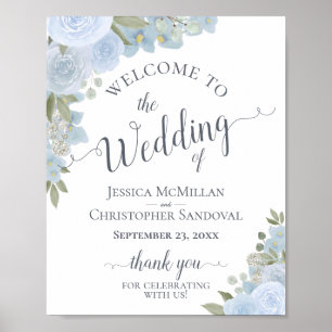 Dusty Blue Watercolor Floral Wedding Welcome Sign Poster