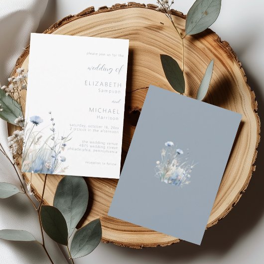 Dusty Blue Watercolor Wildflower Wedding Kaart