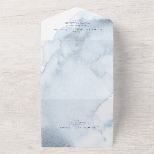 Dusty Blue Watercoloured Peach Wild Roos All In One Uitnodiging (Buitenkant)