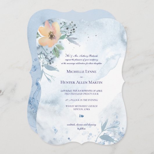 Dusty Blue Watercoloured Peach Wild Roos Kaart (Voorkant / Achterkant)