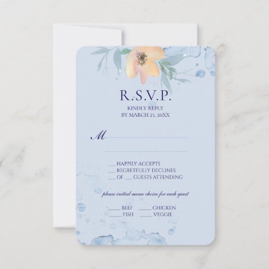 Dusty Blue Watercoloured Peach Wild Roos RSVP Kaartje (Voorkant)