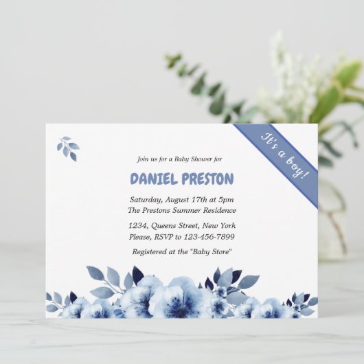 Dusty Blue Waterverf Baby shower Kaart (Staand voorkant)