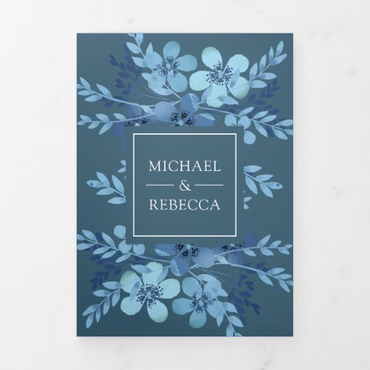 Dusty Blue Waterverf Bloemen Alles in een bruiloft Drieluik Uitnodiging (Cover)