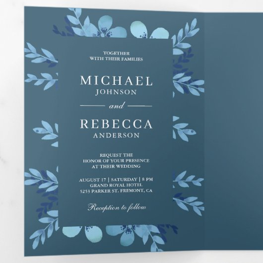 Dusty Blue Waterverf Bloemen Alles in een bruiloft Drieluik Uitnodiging (Binnenzijde eerst)