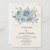 Dusty Blue Waterverf Bloemen Goud Bladeren Trouwen Kaart (Voorkant)