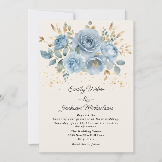 Dusty Blue Waterverf Bloemen Goud Bladeren Trouwen Kaart (Voorkant)