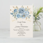 Dusty Blue Waterverf Bloemen Goud Bladeren Trouwen Kaart (Staand voorkant)