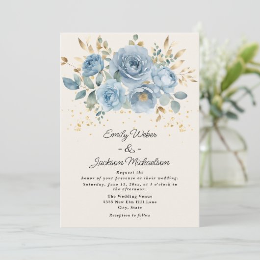 Dusty Blue Waterverf Bloemen Goud Bladeren Trouwen Kaart (Staand voorkant)