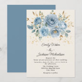 Dusty Blue Waterverf Bloemen Goud Bladeren Trouwen Kaart (Voorkant / Achterkant)