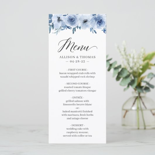 Dusty Blue Waterverf Bohemian Floral Wedding Menu (Staand voorkant)