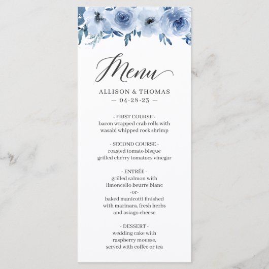 Dusty Blue Waterverf Bohemian Floral Wedding Menu (Voorkant)
