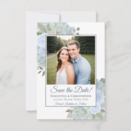 Dusty Blue Waterverf Boho Floral Fotobruiloft Save The Date (Voorkant)