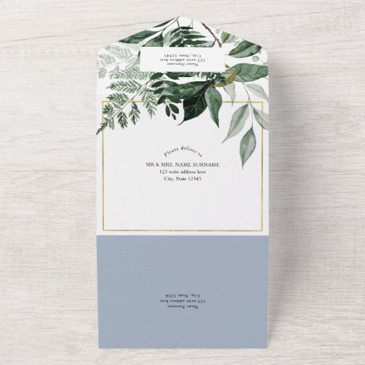 Dusty BLue, Waterverf Botanisch groen Boho Arch All In One Uitnodiging (Buitenkant)