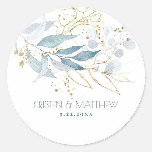 Dusty Blue Waterverf Botanische bruiloft Ronde Sticker (Voorkant)
