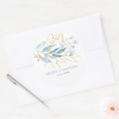 Dusty Blue Waterverf Botanische bruiloft Ronde Sticker (Envelop)