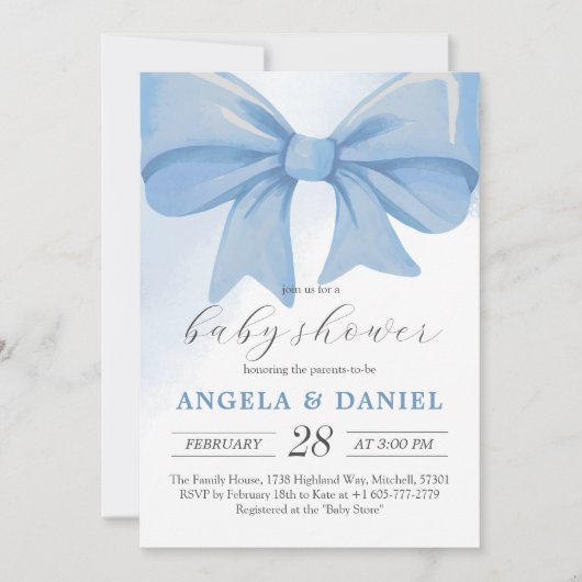 Dusty Blue Waterverf Bow Baby shower Kaart (Voorkant)