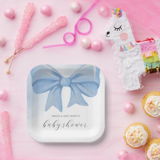 Dusty Blue Waterverf Bow Baby shower Papieren Bordje (Feest)