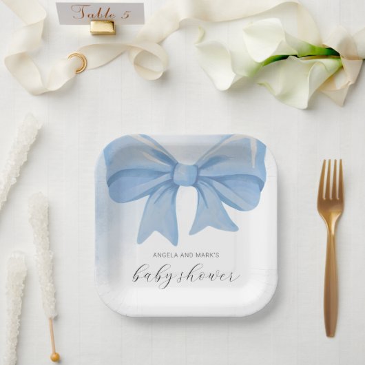 Dusty Blue Waterverf Bow Baby shower Papieren Bordje (Huwelijk)