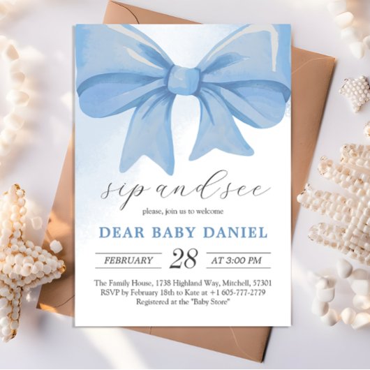 Dusty Blue Waterverf Bow Baby shower Sip and See Kaart