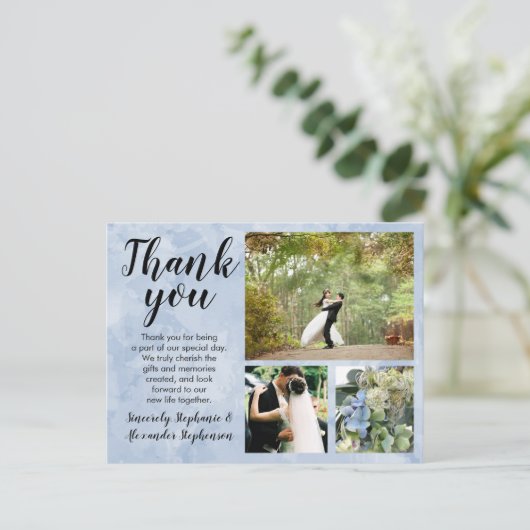 Dusty Blue Waterverf bruiloft dank u 3 foto Briefkaart (Staand voorkant)