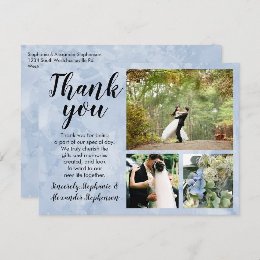 Dusty Blue Waterverf bruiloft dank u 3 foto Briefkaart (Voorkant / Achterkant)