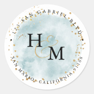 Dusty Blue Waterverf Brush Gold Script Ampersand Ronde Sticker