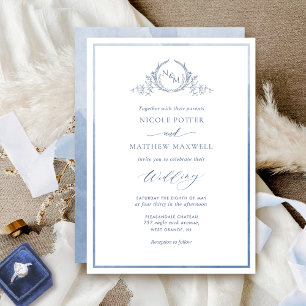 Dusty Blue, Waterverf Elegant Monogram Wedding Kaart