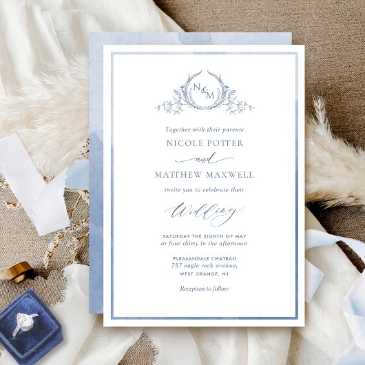 Dusty Blue, Waterverf Elegant Monogram Wedding Kaart