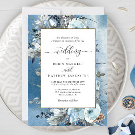 Dusty Blue Waterverf en Elegant Floral Wedding Kaart