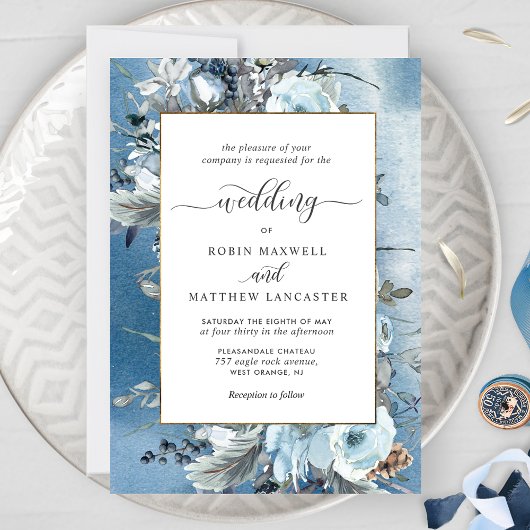 Dusty Blue Waterverf en Elegant Floral Wedding Kaart