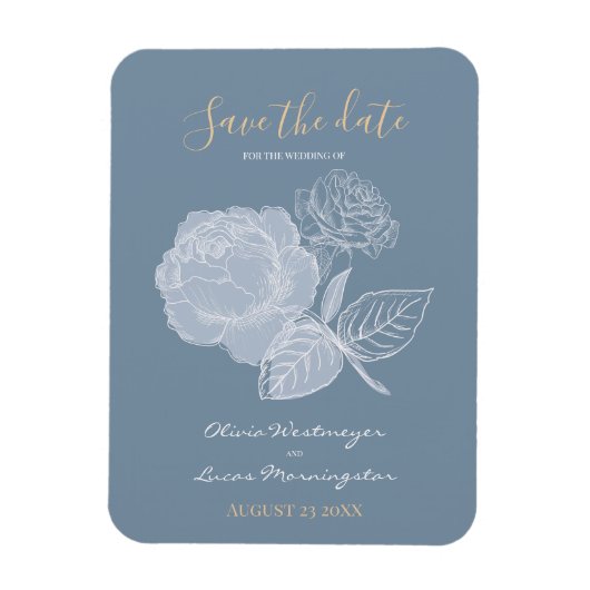 Dusty Blue Waterverf Etched Roos Save the Date Magneet (Verticaal)