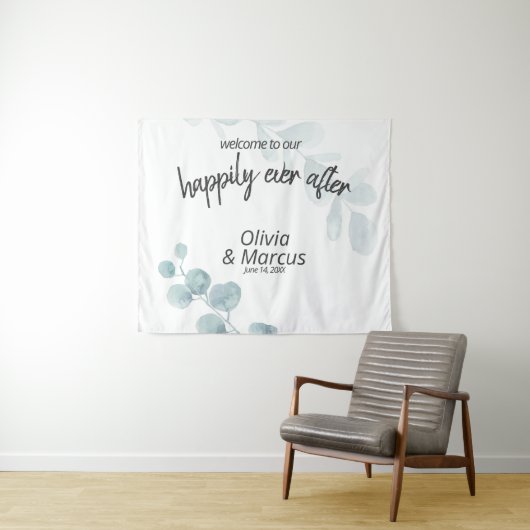 Dusty Blue Waterverf Eucalyptus Wedding Prop Wandkleed (In Situ (horizontaal))