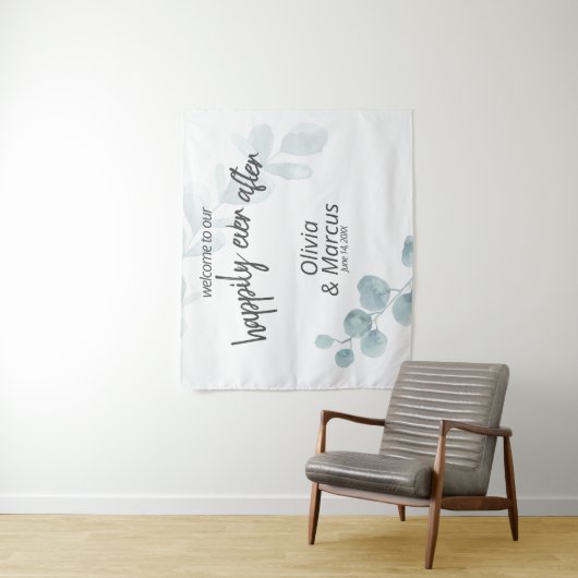 Dusty Blue Waterverf Eucalyptus Wedding Prop Wandkleed (In situ)