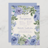 Dusty Blue Waterverf Floral 100e verjaardag Kaart (Voorkant / Achterkant)