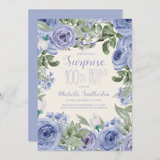 Dusty Blue Waterverf Floral 100e verjaardag Kaart (Voorkant / Achterkant)