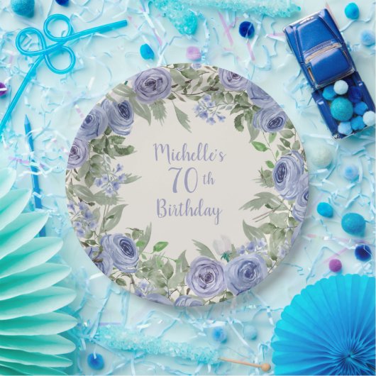Dusty Blue Waterverf Floral 70th Birthday Papieren Bordje (Feest)