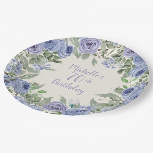 Dusty Blue Waterverf Floral 70th Birthday Papieren Bordje (Gekanteld)